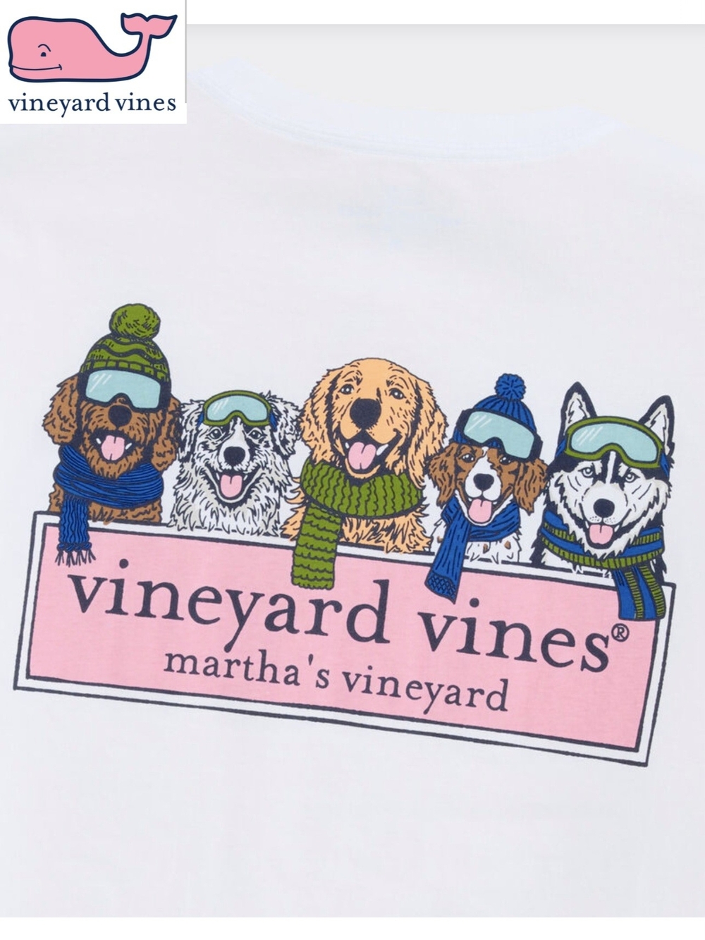 NWT Vineyard Vines Men's Large White Long-Sleeve Tee with Colorful Winter Dogs - Picture 3 of 5